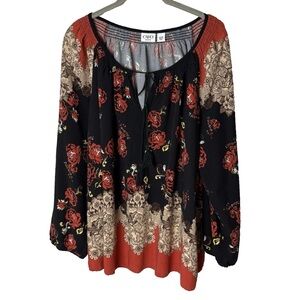 CATO Blouse Plus Size 18W 20W Top Long Sleeves Tassel Tie Front Floral Boho